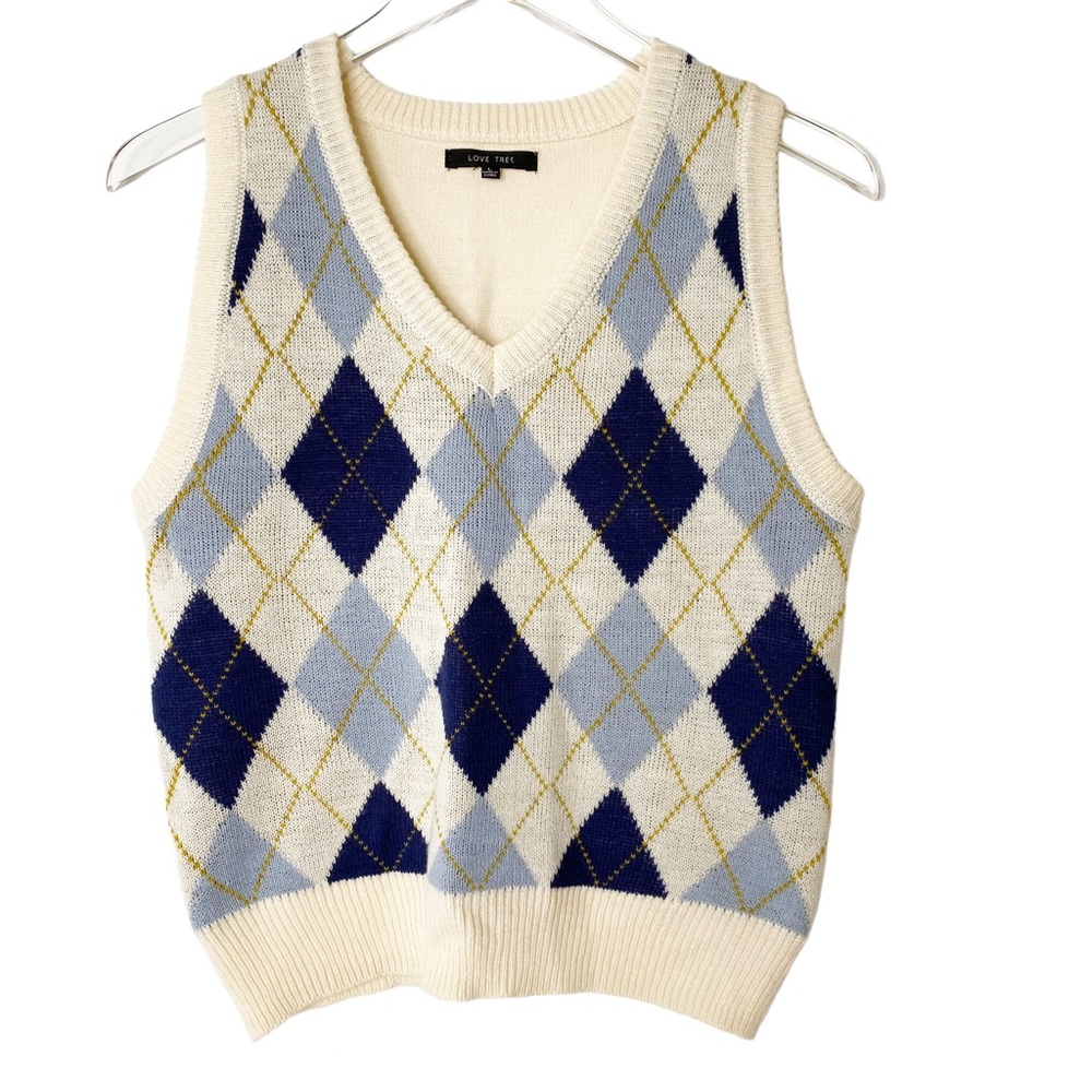 Love Tree Preppy Academia Argyle VNeck Plaid Checkered Knit Blue Cream Sweater L - Picture 2 of 8